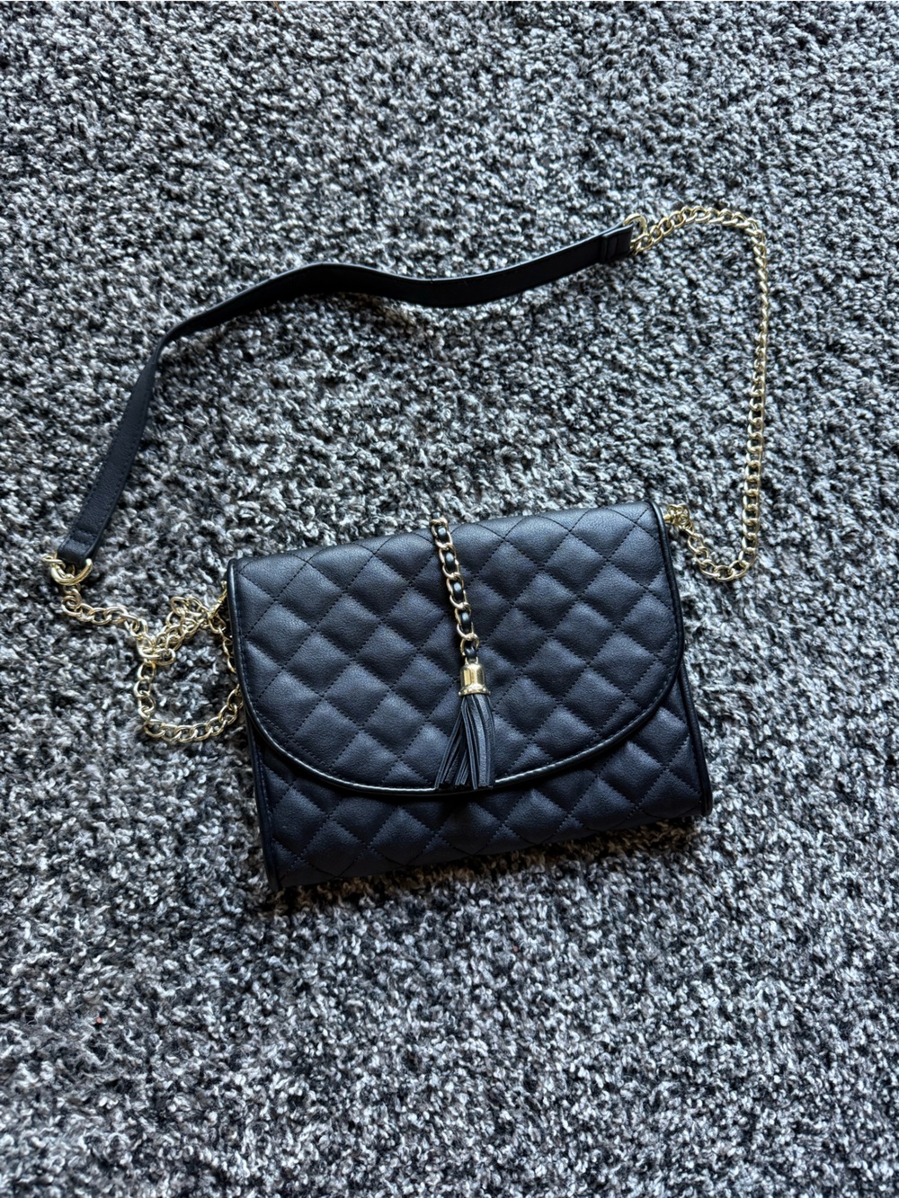 Quilted Black Crossbody Bag with Tassel and Gold Chain